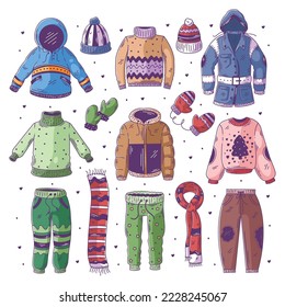 Winter warm clothes hand drawn doodle full color
