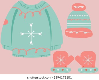 Winter Warm Clothes Set Sweater Hat Hand Gloves Ugly Christmas Sweater Sweatshirt Vintage Snowflake Clothing Vector illustration