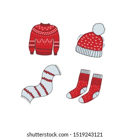 Winter warm clothes. Vector illustration of a red sweater, woolen socks, scarf, hat. Freehand doodle drawing