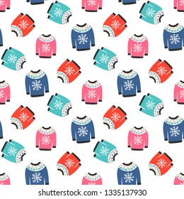 Winter warm colored sweaters for winter seamless pattern. Sweater winter season with ornament. Vector illustration