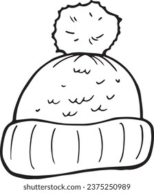 Winter warm doodle hat clipart. Vector illustration in trendy doodle style isolated on white background. New Year's knitted hat with fur on the top. Exclusive design element, badge, icon, handmade.