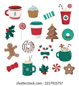 Winter warm drinks and dessert collection. Christmas set with funny cups and mug. Cacao, tea, coffee, milk, cookie, candy. Vector illustration. Isolated on white background.