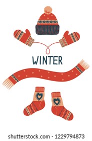 Winter. Warm hand drawn accessories on white background. mittens, hat, scarf and socks. Vector illustration.