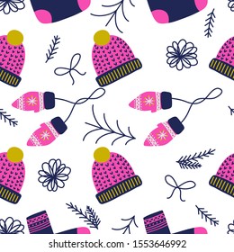 Winter warm har and mittens pattern background. Ideal for wrapping paper, poster, advert, apparel, cloth. 