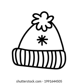 Winter warm hat with pompom isolated on white background. Vector hand-drawn illustration in doodle style. Perfect for your card, logo, decorations, holiday designs.