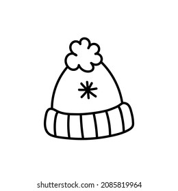 Winter warm hat with pompom isolated on a white background. Vector hand-drawn illustration in doodle style. Perfect for cards, logo, decorations, holiday designs.
