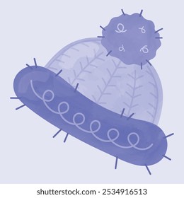 Winter warm  hat vector illustration. Blue wool hat with  fluffy pompon at the top on light blue  background. Winter hat  icon. Winter clothes. Hand-drawn watercolor illustration.