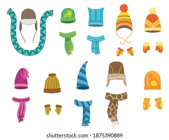 Winter warm hats gloves and scarves. Clothes for winter or autumn. Stylish clothes for cold weather. Icons set for web and mobile design