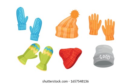 Winter Warm Headwear and Accessories Isolated on White Background Vector Set