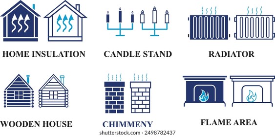 Icono de la casa caliente del invierno fijado con el aislamiento casero, chimenea, área de la llama, radiador aislado en el fondo blanco. Iconos coloridos editables de Clima fresco en estilo de relleno y línea.
