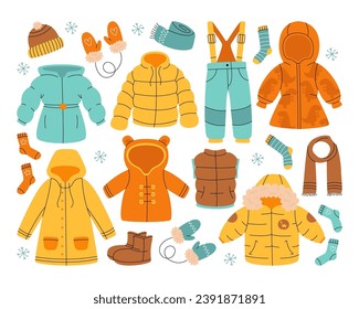 Winterwärme Kinderbekleidung, Mantel, Jacke, Weste, Schal und Hutkleidung zum Wandern im Freien einzelne Vektorgrafik. Stilvolle Kollektion von trendigen Kinderoutfit, Kleidung und Accessoires