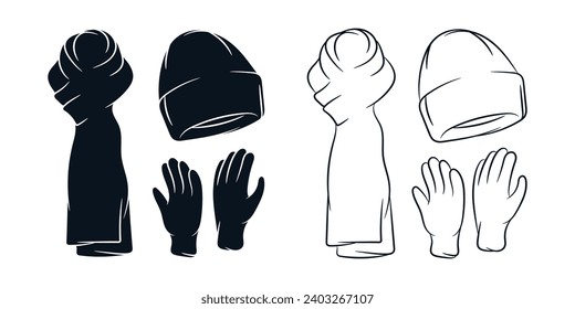 Winter warm knit set. Beanie hat, hand gloves, long neck scarf. vector silhouette hand drawn illustration