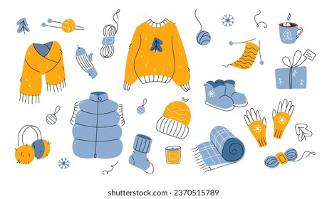 La ropa de invierno caliente y de punto hace frío con la decoración de las vacaciones. Suéter, bufanda, sombrero y mitones de punto, chaleco antideslizante, botas, bebida caliente e hilo. Elementos de estilo dibujados a mano en un fondo blanco