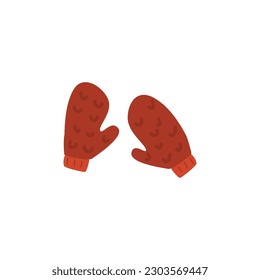 Winter warm knitted mittens for children flat vector illustration isolated on white background. Winter woolen knitted mittens, seasonal warming garment.