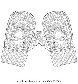 Winter warm knitted mittens in zentangle style. Hand drawn happy Xmas, Christmas decorative elements for adult coloring book. Vector illustration for New Year 2017 greeting cards, posters.