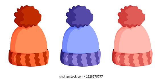 winter warm knitted wool hat. Winter clothing for cold weather. Caring for health of children. Cartoon color vector
