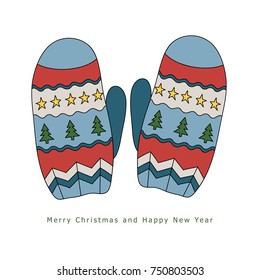 Winter warm mittens with a pattern of stars and Christmas trees. Hand drawn vector illustration on a white background.