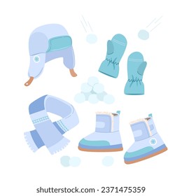 Travesía de invierno cálida para niños en azul por jugar bolas de nieve. Sombrero de trampero, mitones, bufanda, botas. Ilustración vectorial de la ropa para juegos activos en temporada de nieve.