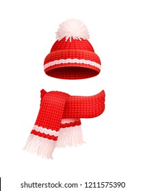 Winter warm red hat with white pom-pom and knitted scarf icons. Woolen neckcloth and headwear in realistic design, outfit clothes, personal accessories