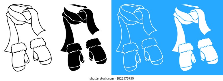 winter warm scarf and knitted wool mittens. Winter clothing for cold weather. Caring for health of children. Vector icon