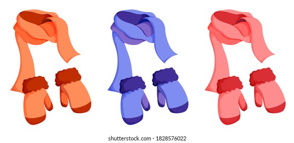 winter warm scarf and knitted wool mittens. Winter clothing for cold weather. Caring for health of children. Cartoon color vector