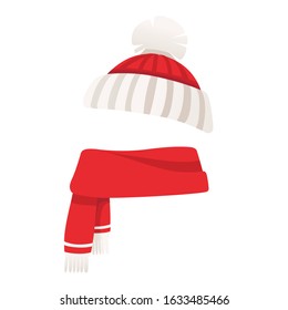 Winter warm set scarf and hat flat vector illustration on white background