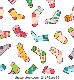 Winter warm socks. Seamless pattern. Stylish cotton and woolen with different textures. Hand drawn style. Vector drawing. Design ornaments.