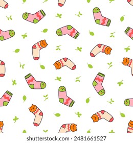 Winter warm socks. Seamless pattern. Stylish cotton and woolen with different textures. Hand drawn style. Vector drawing. Design ornaments.