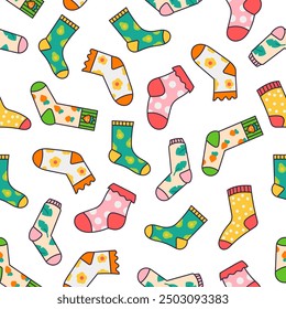 Winter warm socks. Seamless pattern. Stylish cotton and woolen with different textures. Hand drawn style. Vector drawing. Design ornaments.