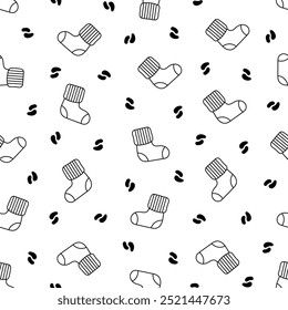 Winter warm socks. Seamless pattern. Coloring Page. Stylish cotton and woolen with different textures. Hand drawn style. Vector drawing. Design ornaments.
