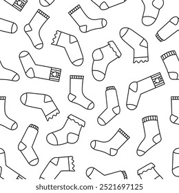 Winter warm socks. Seamless pattern. Coloring Page. Stylish cotton and woolen with different textures. Hand drawn style. Vector drawing. Design ornaments.