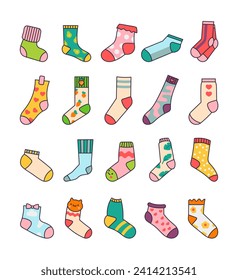Winter warm socks. Stylish cotton and woolen with different textures. Hand drawn style. Vector drawing. Collection of design elements.