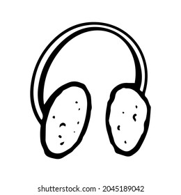 Auriculares cálidos y suaves de invierno elementos dibujados a mano en blanco y negro para crear diseños textiles, postales, calendarios, marcos de fotos. Ilustración vectorial. 