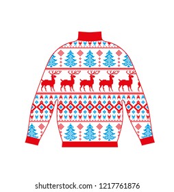 Winter warm sweater handmade, svitshot, jumper for knit, red color. Women's sweaters, men's sweater, unisex sweater. Design - snowflakes, reindeer jacquard pattern. Christmas, New Year, stock vector