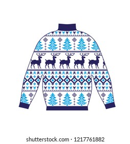 Winter warm sweater handmade, svitshot, jumper for knit, red color. Women's sweaters, men's sweater, unisex sweater. Design - snowflakes, reindeer jacquard pattern. Christmas, New Year, stock vector