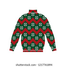Winter warm sweater handmade, svitshot, jumper for knit, red color. Women's sweaters, men's sweater, unisex sweater. Design - snowflakes, reindeer jacquard pattern. Christmas, New Year, stock vector