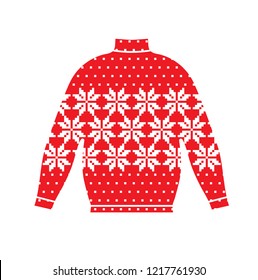 Winter warm sweater handmade, svitshot, jumper for knit, red color. Women's sweaters, men's sweater, unisex sweater. Design - snowflakes, reindeer jacquard pattern. Christmas, New Year, stock vector