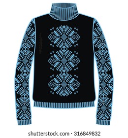 Winter warm sweater handmade, svitshot, jumper for knit, black color. Women's sweaters, men's sweater, unisex sweater. Drawing - snowflakes jacquard pattern.  Christmas, New Year  - stock vector.