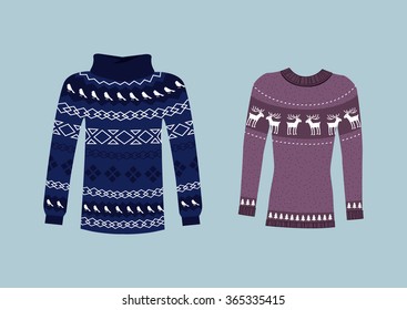 Winter warm sweater handmade, svitshot, jumper for knit. Sweater Icon. Womens sweaters, mens sweater, unisex sweater. Sweaters or jumpers with deers icons. Christmas, New Year. Isolated sweater