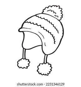 Winter warm and wool hat simple hand drawn outline graphic illustration. Original cap for cold weather flat sketch vector logo detail. Winter fashion head accessories with ear flaps pen drawing logo.