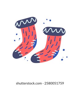 Winter warm woolen socks for feet.Cold season clothing item,autumn for cute vector background.Doodle illustration hand drawn. Holiday cozy snowy day. Children's. Girlish.Snowflakes.Weekend.EPS 10