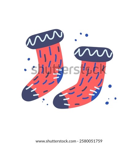 Winter warm woolen socks for feet.Cold season clothing item,autumn for cute vector background.Doodle illustration hand drawn. Holiday cozy snowy day. Children's. Girlish.Snowflakes.Weekend.EPS 10