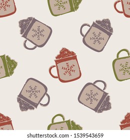 Winter Warmer Hot Coco Seamless Pattern. Holiday background with Hand Drawn Flat Doodle Festive Froth Cup Icon. Warm Up from the Cold Hygge Mood. Muted Color in Scandinavian style Vector EPS10 Repeat
