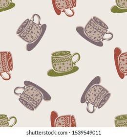 Winter Warmer Hot Coco Seamless Pattern. Holiday background with Hand Drawn Flat Doodle Festive Cup Icon. Warm Up from the Cold Scandi Hygge Mood. Muted Color in Scandinavian style Vector EPS10
