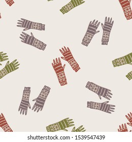 Winter Warmer Knitted Mitten Seamless Pattern. Seasonal Holiday background with Hand Drawn Glove. Isolated Flat Color Doodle Icon. Nordic Hygge Knit Hand. Muted Homespun Scandinavian Vector EPS10