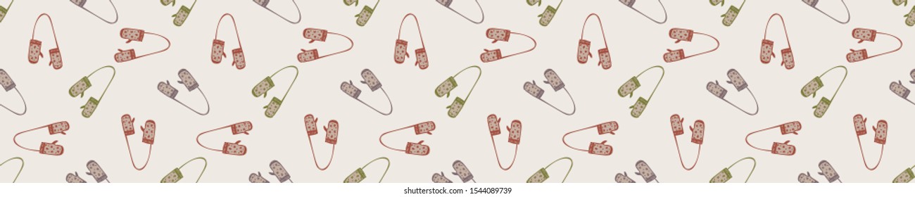 Winter Warmer Knitted Mitten Seamless Pattern. Seasonal Holiday background with Hand Drawn Glove. Isolated Flat Color Doodle Icon. Nordic Hygge Knit Hand. Muted Homespun Scandinavian Vector EPS10
