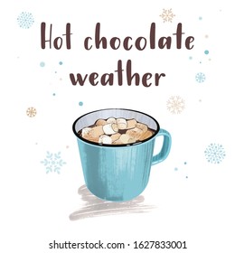 Winter Warming beverage quote. Modern calligraphy style handwritten lettering with cup of cocoa and decorative elements. Vector illustration for cards, leaflets or banners on cozy light background.