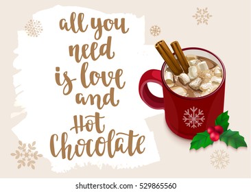 Winter Warming beverage quote. Modern calligraphy style handwritten lettering with cup and decorative elements. Vector illustration for cards, leaflets or banners on cozy light background.