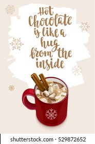 Winter Warming beverage quote. Modern calligraphy style handwritten lettering with cup and decorative elements. Vector illustration for cards, leaflets or banners on cozy light background.