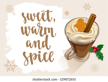 Winter Warming beverage quote. Modern calligraphy style handwritten lettering with glass and decorative elements. Vector illustration for cards, leaflets or banners on cozy light background.